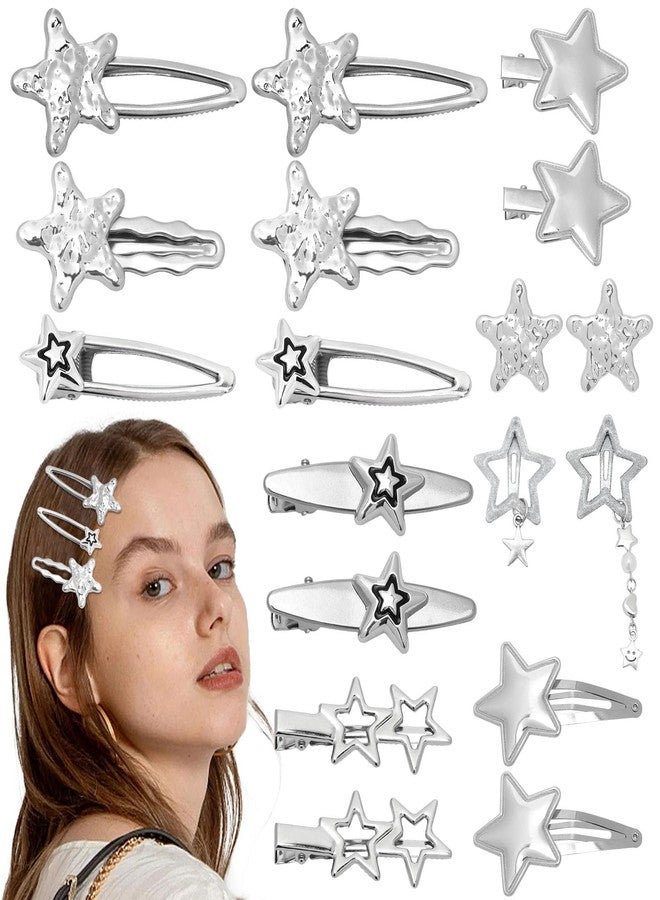 Canitor Y2k Star Hair Clips Cute Kawaii Metal Punk Snap Clips Barrettes for Women Teen Girl Silver Goth Emo 2000s Grunge Rave Kpop Fashion Hair Accessories for Concert Outfit (silver 18pcs) - Image 1